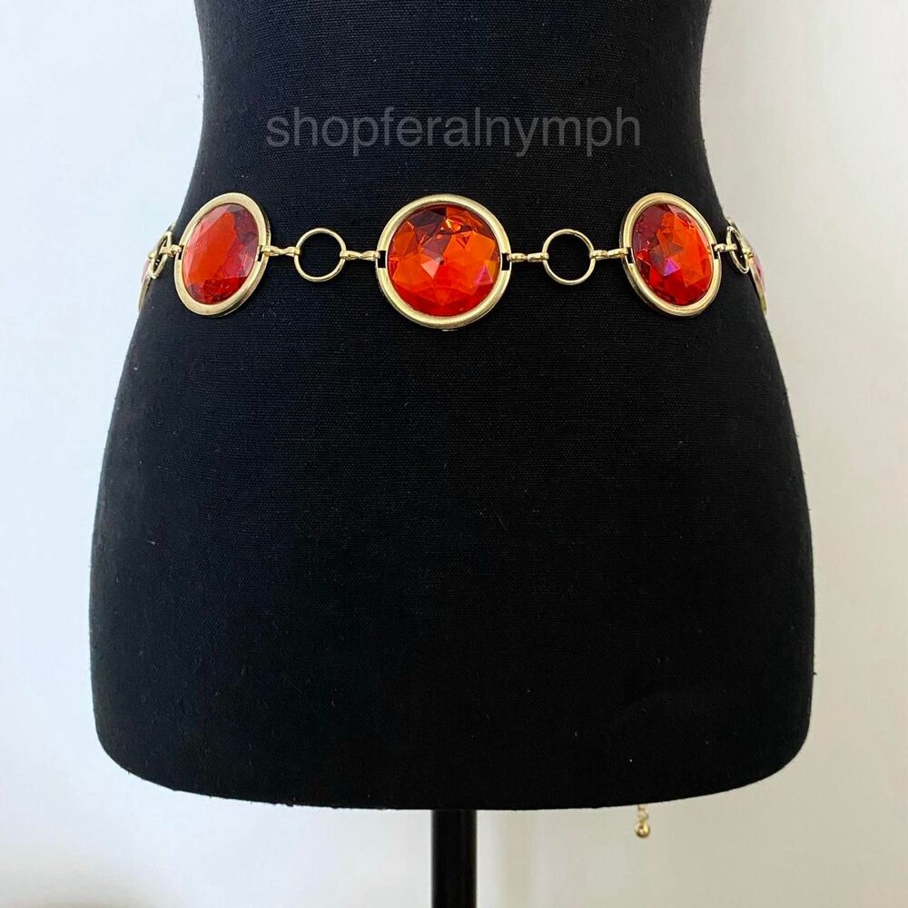 Gold Red Statement Jewel Whimsygoth Chain Belt, Fits 23.5-40 Inches, X7GA1262
